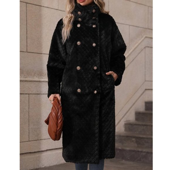 Black Faux fur teddy double breasted Coat Jacket - Picture 3 of 12